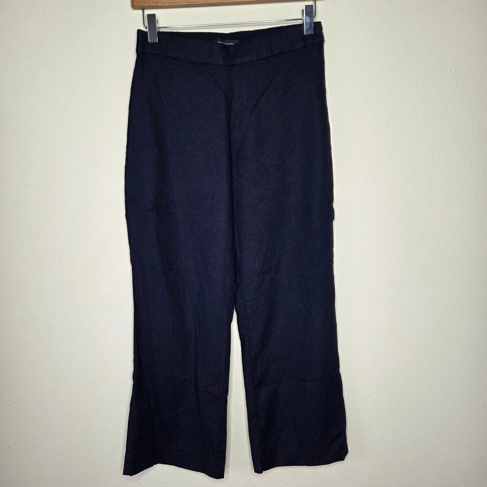 Ann Taylor Navy Blue Linen Blend‎ Wide Leg Crop Pants Side Zip Petite 2P